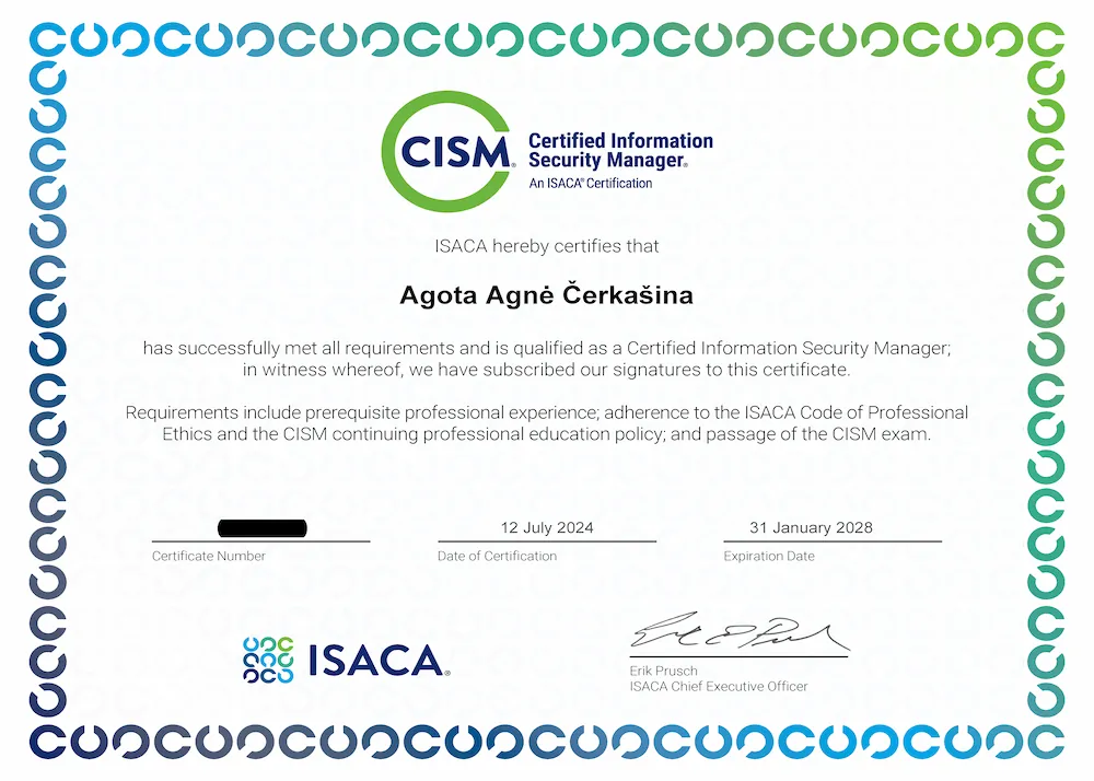 The CISM certificate confirming the qualification of an Information security expert