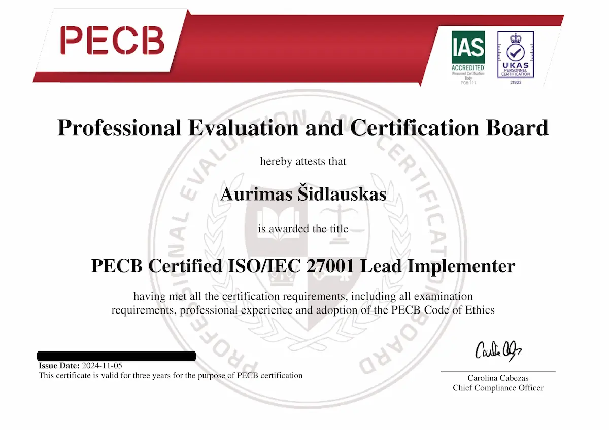 Aurimas Šidlauskas PECB ISO/IEC 27001 certificate