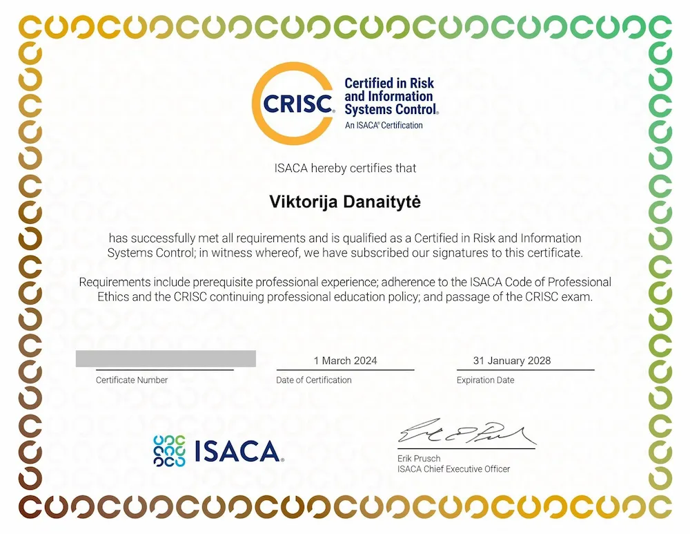 Viktorija Danaitytė CRISC certificate